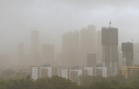 MUMBAI, INDIA - MAY 13: Dust Storm due to storm winds over city skyline of Prabhadevi, Parel on May...