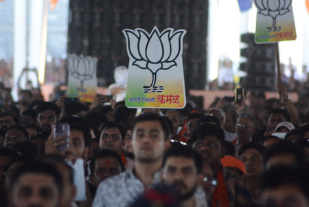 KALYAN, INDIA - MAY 15: BJP Supporters are seen for the meeting where Prime Minister Narendra Modi...