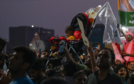 MUMBAI, INDIA - MAY 15:  Prime Minister Narendra Modi with Maharashtra Chief Minister Eknath Shinde and Deputy Chief Minister Devendra Fadnavis during a road show   at Ghatkopar on May 15, 2024 in Mumbai, India.  (Photo by Raju Shinde/Hindustan Times)のeditorial素材