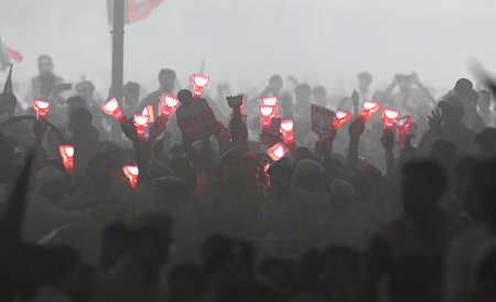 NEW DELHI, INDIA - MAY 18: Supporters of Bharatiya Janata Party (BJP hold placards of Prime Minister Narendra Modi during a public rally at Northeast on May 18, 2024 in New Delhi, India. (Photo by Raj K Raj/Hindustan Times )のeditorial素材