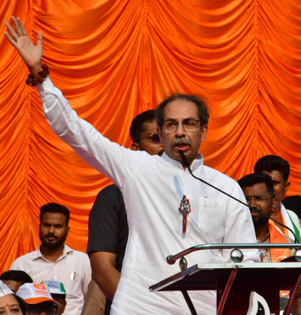 MUMBAI, INDIA - MAY 18: Shiv Sena (UBT) chief Uddhav Thackeray, Shiv Sena (UBT) South Mumbai candidate Arvind Sawant, along with other party leaders addressing during the public meeting at Kalachowki, on May 18, 2024 in Mumbai, India. (Photo by Bhushan Koのeditorial素材