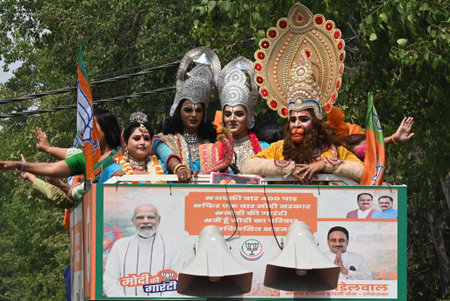 NEW DELHI, INDIA - MAY 23: Artist dress up as a lord Ram, Mata Sita and lakshman, and Hanuman...