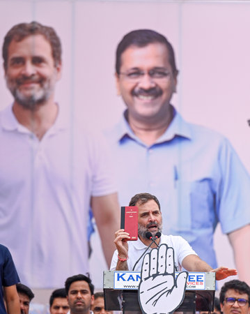NEW DELHI, INDIA - MAY 23:  Congress leader Rahul Gandhi addresses during a public meeting to support party candidate from North East Delhi constituency Kanhaiya Kumar for the Lok Sabha polls, at DDA Ground in Dilshad Garden  on May 23, 2024 in New Delhi,のeditorial素材