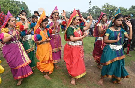 NEW DELHI, INDIA - JULY 9: Devotees participating in the (Ghatasthapana) Ghatam procession during the Bonalu Festival Celebrations at India Gate Lawn on July 9, 2024 in New Delhi, India. Bonalu festival is a traditional Hindu festival centered on the Goddのeditorial素材
