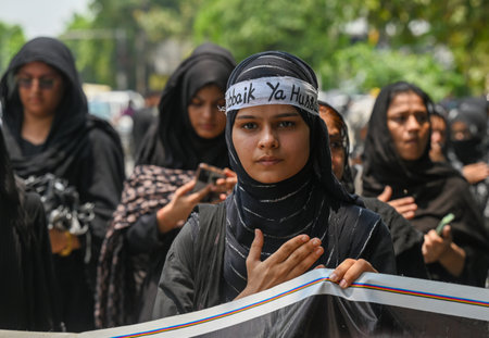 NOIDA, INDIA - JULY 17: Shiite Muslim devotees participate in a mourning procession marking the Day of Ashura, at sector 22 on July 17, 2024 in Noida, India. (Photo by Sunil Ghosh/Hindustan Times)のeditorial素材