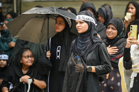 NOIDA, INDIA - JULY 17: Shiite Muslim devotees participate in a mourning procession marking the Day of Ashura, at sector 22 on July 17, 2024 in Noida, India. (Photo by Sunil Ghosh/Hindustan Times)のeditorial素材