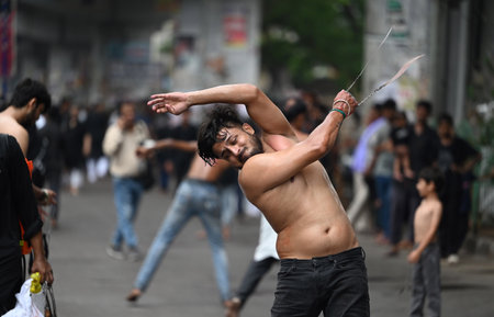 LUCKNOW, INDIA - JULY 17: Shia Muslims participate in the Youm-e-Ashura procession at old Lucknow area on July 17, 2024 in Lucknow, India. (Photo by Deepak Gupta/Hindustan Times)のeditorial素材