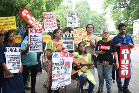 NEW DELHI, INDIA - JULY 19: AIDSO members protest at Jantar Mantar against the Sheikh Haseena...