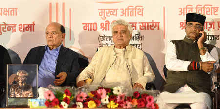 NEW DELHI, INDIA - JULY 19: Poet, writer and humorist Surender Sharma and lyricist Javed Akhtar...