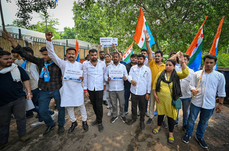 NEW DELHI, INDIA - JULY 23: NSUI supporters seen protesting against NTA over the issue of NEET exam outside Ministry of HRD, Shastri Bhawan on July 23, 2024 in New Delhi, India. (Photo by Sanchit Khanna/Hindustan Times)のeditorial素材