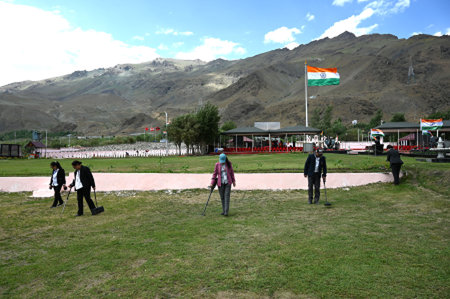 DRASS, INDIA - JULY 24:  Security personnel check a war memorial ahead of  Vijay Diwas  or Victory...