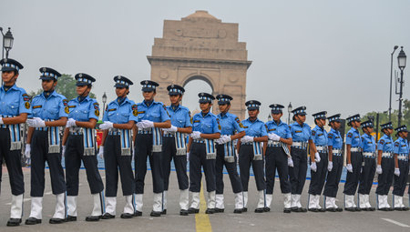 NEW DELHI, INDIA - JULY 26: Personnel from Agniveervayu Women Team of Indian Air force performing a drill live on the occasion of Kargil Vijay Diwas at India Gate on July 26, 2024 in New Delhi, India. (Photo by Raj K Raj/Hindustan Times)のeditorial素材