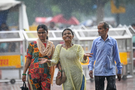 NEW DELHI, INDIA - JULY 27: People seen during sudden rains at India Gate, on July 27, 2024 in New Delhi, India. (Photo by Sanchit Khanna/Hindustan Times )のeditorial素材