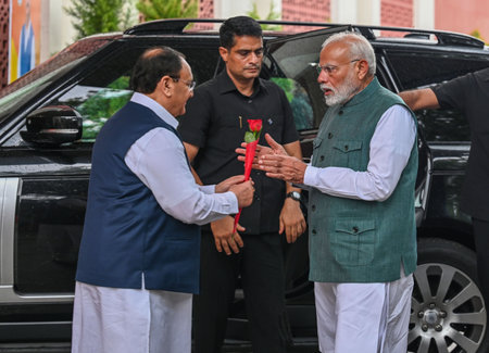 NEW DELHI, INDIA - JULY 27: Prime Minister Narendra Modi being received by Union Minister and BJP National President JP Nadda upon his arrival for a meeting with Chief Ministers of the NDA-ruled states, on July 27, 2024 in New Delhi, India. Prime Ministerのeditorial素材