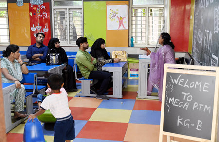 NEW DELHI, INDIA - JULY 27: Parents and Teachers during Mega PTM - Parents Teachers Meeting in the schools of Delhi Government at Sarvodaya Vidyalaya Rouse Avenue, DDU Marg , on July 27, 2024 in New Delhi, India. (Photo by Arvind Yadav/Hindustan Times )のeditorial素材