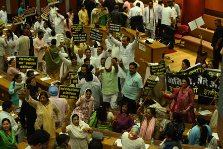 NEW DELHI, INDIA - JULY 29:  BJP councillor protest Against Delhi mayor shelly oberoi and AAP government's during the House meeting of Municipal Corporation of Delhi at civic center  on July 29, 2024 in New Delhi, India.  (Photo by Sonu Mehta/Hindustan Tiのeditorial素材