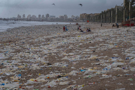 MUMBAI, INDIA - JULY 31: Juhu Chowpatty full of plastic waste after high tide, on July 31, 2024 in Mumbai, India. (Photo by Satish Bate/Hindustan Times )のeditorial素材