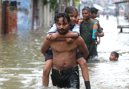 LUCKNOW, INDIA - JULY 31: Water Logging near City Montessori School Mall avenue after heavy rainfall  on July 31, 2024 in Lucknow, India. (Photo by Deepak Gupta/Hindustan Times)のeditorial素材
