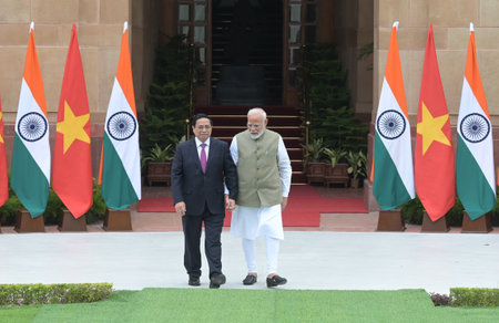 NEW DELHI, INDIA - AUGUST 1:  Prime Minister Narendra Modi with his Vietnamese counterpart Pham Minh Chinh before a meeting, at the Hyderabad House  on August 1, 2024 in New Delhi, India.  (Photo by Sonu Mehta/Hindustan Times)のeditorial素材