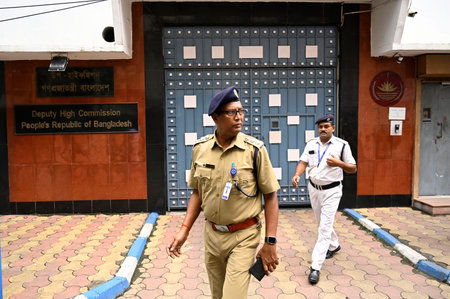 KOLKATA, INDIA - AUGUST 6:  Security alert at Bangladesh Deputy High Commission a day after the ouster of prime minister of Bangladesh Sheikh Hasina  on August 6, 2024 in Kolkata, India.  (Photo by Samir Jana/Hindustan Times)のeditorial素材