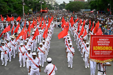 KOLKATA, INDIA - AUGUST 5: Activists of The Socialist Unity Centre of India (Communist) observed 48th death anniversary of founder Shibdas Ghosh at Esplanade   on August 5, 2024 in Kolkata, India.  (Photo by Samir Jana/Hindustan Times)のeditorial素材