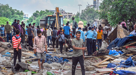 NEW DELHI, INDIA - AUGUST 5:  A view of Demolition drive by the Land and Development Office at Barapullah Stone Bridge near Jangpura B, Nizamuddin East,  on August 5, 2024 in New Delhi, India.  (Photo by Raj K Raj/Hindustan Times)のeditorial素材
