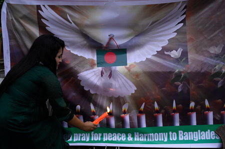 KOLKATA, INDIA - AUGUST 7: A special candlelight prayer for peace and harmony in Bangladesh on August 7, 2024 in Kolkata, India. (Photo by Samir Jana/Hindustan Times)のeditorial素材