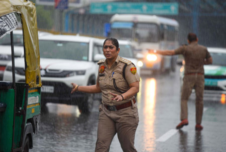 GURUGRAM, INDIA - AUGUST 11: Gurugram Police managing traffic on Gurugram-Sohna elevated road during...