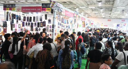 NEW DELHI, INDIA - AUGUST 11: Heavy rush during the last day of 28th Delhi Book Fair 2024 organized by the India Trade Promotion Organisation (ITPO) at Pragati Maidan, on August 11, 2024 in New Delhi, India. (Photo by Sonu Mehta/Hindustan Times )のeditorial素材