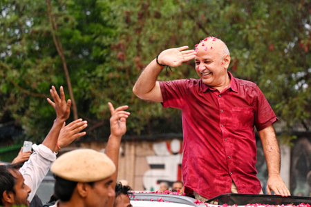 NEW DELHI, INDIA - AUGUST 9: Manish Sisodia, Former Deputy CM of Delhi and AAP leader gets a warm welcome by his supporters after getting released from Tihar jail on August 9, 2024 in New Delhi, India. Sisodia will be walking out of jail, 17 months after のeditorial素材