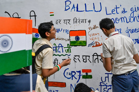 NEW DELHI, INDIA - AUGUST 9: School students participate in the Har Ghar Tiranga campaign ahead of...