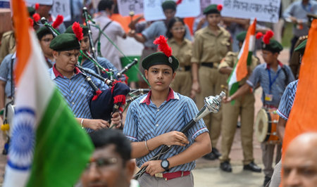 NEW DELHI, INDIA - AUGUST 9: School students participate in the Har Ghar Tiranga campaign ahead of Independence Day at Gandhi Darshan on August 9, 2024 in New Delhi, India. (Photo by Raj K Raj/Hindustan Times)のeditorial素材