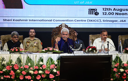 SRINAGAR, INDIA - AUGUST 12:  Jammu and Kashmir Lt. Governor Manoj Sinha is speaking during a press conference at Sher-i-Kashmir International Conference Centre (SKICC)    on August 12, 2024 in Srinagar, India. (Photo by Waseem Andrabi/Hindustan Times)のeditorial素材