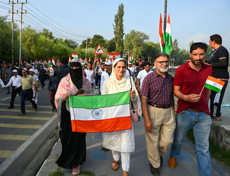 SRINAGAR, INDIA - AUGUST 12:  People participate in Tiranga Rally (Tricolor rally) ahead of 78th...