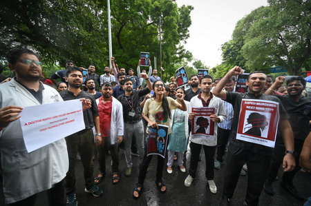 NEW DELHI, INDIA - AUGUST 13: Doctors from AIIMS Delhi stage a protest against the alleged Kolkata...