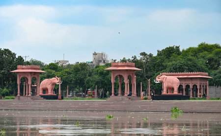 NEW DELHI, INDIA - AUGUST 13: A view of newly constructed Vasudev Ghat on the banks of Yamuna River on August 13, 2024 in New Delhi, India. The water level of the river has touched 204.35 metre at the Old Railway Bridge (ORB). The warning level is at 204.のeditorial素材