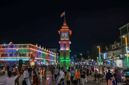 SRINAGAR, INDIA - AUGUST 14: A view of a Clock Tower (Ghanta Ghar) illuminated with tricolours on the eve of Independence Day, at Lal Chowk on August 14, 2024 in Srinagar, India. (Photo by Waseem Andrabi/Hindustan Times)のeditorial素材