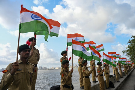 MUMBAI, INDIA - AUGUST 14: 1000 NCC cadets form a human chain at Nariman Point to Marine drive in...