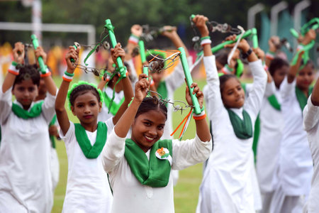GURUGRAM, INDIA - AUGUST 15: Students performing Dumbbells mass pt during 78th Independence Day...