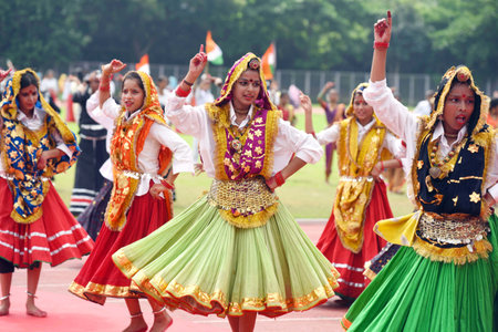 GURUGRAM, INDIA - AUGUST 15: Students performing cultural dance during 78th Independence Day celebrations at Tau Devi Lal Stadium in sector-38 near Rajiv chowk, on August 15, 2024 in Gurugram, India. The theme of this year's Independence Day is 'ViksitBhaのeditorial素材