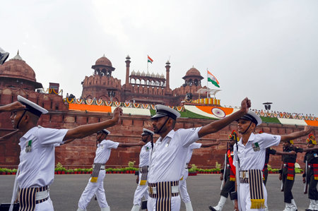NEW DELHI, INDIA - AUGUST 15: Soldiers take part in 78th Independence Day celebrations at Red Fort, on August 15, 2024 in New Delhi, India. The theme of this year's Independence Day is 'ViksitBharat@2047'. August 15 marks the day when India was declared fのeditorial素材