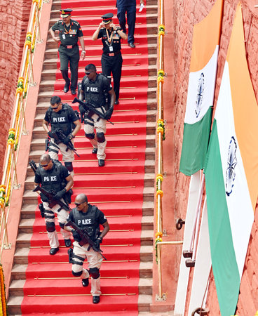 NEW DELHI, INDIA - AUGUST 15: Security personnel at the Red Fort on 78th Independence Day on August...