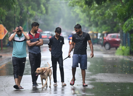 NOIDA, INDIA - AUGUST 18: Commuters step out during afternoon rain at sector 34, on August 18, 2024 in Noida, India. (Photo by Sunil Ghosh/Hindustan Times )のeditorial素材