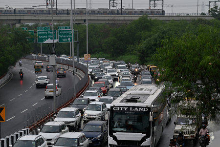 NEW DELHI, INDIA - AUGUST 19: A view of Traffic Jam at Laxmi Nagar to Mayur Vihar Road due to heavy...