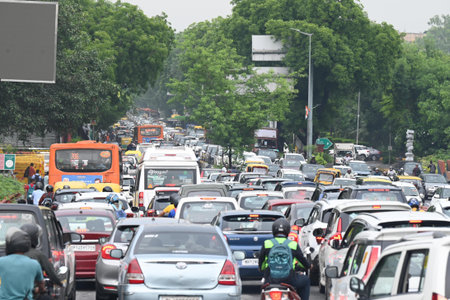NEW DELHI, INDIA - AUGUST 23: Traffic Jam at Sardar Patel Marg near Dhaula Kuan Metro Station and...