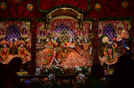 MUMBAI, INDIA - AUGUST 26: On the occasion of Janmashtami, devotees participated in the pre-Janmashtami celebrations by offering prayer to Lord Krishna and Radha at Radha Gopinath Temple in ISKCON Girgaon Chowpatty  on August 26, 2024 in Mumbai, India. (Pのeditorial素材