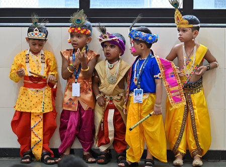 MUMBAI, INDIA - AUGUST 26: Students of Sane Guruji Vidyalaya dress in Lord Krishna and Radha celebrated the festival of Janmansthami at Dadar on August 26, 2024 in Mumbai, India. (Photo by Anshuman Poyrekar/Hindustan Times)のeditorial素材