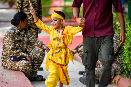 NEW DELHI, INDIA - AUGUST 26: A boy dressed as the Hindu deity Krishna is seen at Shri Laxmi Narayan Temple (Birla Mandir) on the occasion of Krishna Janmashtami at Mandir Marg, , on August 26, 2024 in New Delhi, India. (Photo by Raj K Raj/Hindustan Timesのeditorial素材