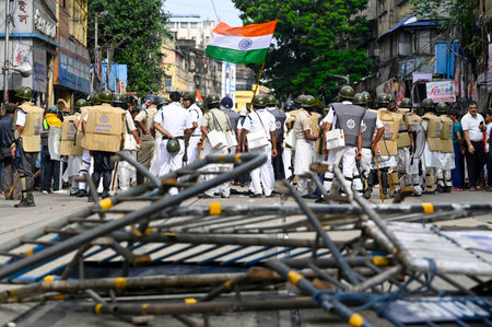 KOLKATA, INDIA - AUGUST 27: March towards State Secretariat, Nabanna called by Paschimbanga Chhatrasamaz (Students Society of West Bengal) seeking resignation of CM Mamata Banerjee over alleged rape and murder of a trainee doctor of RG Kar Medical Collegeのeditorial素材
