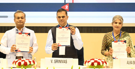 NEW DELHI, INDIA - AUGUST 28: Secretary to Government of India Department of Pension and Pensioners Welfare, V. Srinivas and other release a Book Let, overview of Special Campaign for Redressal of Family pensioners Grievance during the 7th Anubhav Awards のeditorial素材